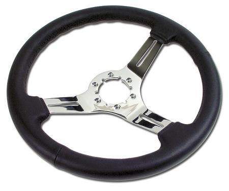 Corvette Steering Wheel, Black Leather, With Chrome Aluminum 3-Spokes, 1963-1975 & 1977-1982