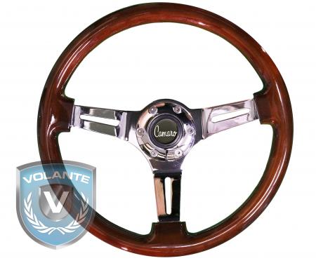 Camaro Script Volante S6 Sport Steering Wheel Kit, with Slotted Chrome Spokes & Mahogany Grip