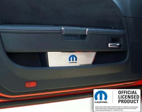 American Car Craft 2008-2014 Challenger - Door Badge Plate with Blue MOPAR Omega "M" Inlay 2Pc, Brushed Stainless 151030