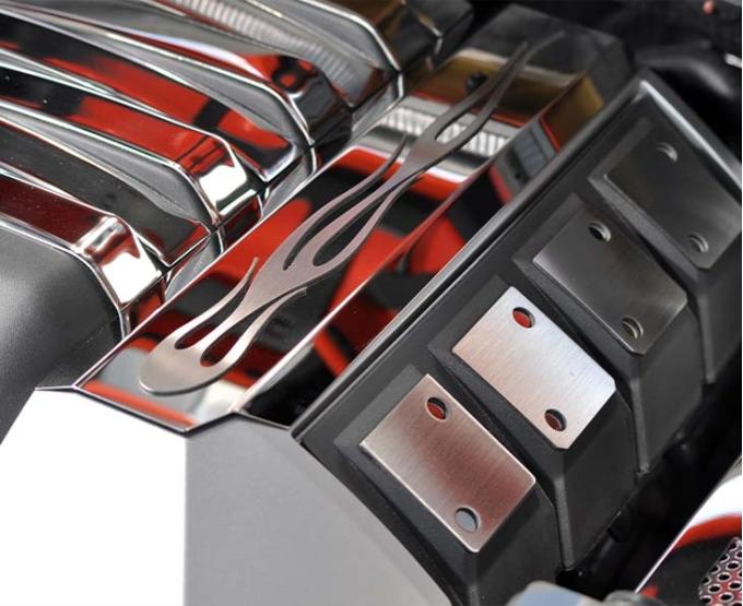 American Car Craft 2010-2015 Camaro SS - Fuel Rail Covers Laser-cut True Flame 2Pc, Polished Stainless Steel with Brushed Inlay 103012