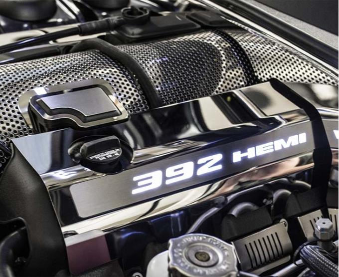 American Car Craft 2011-2022 Challenger 392 6.4L Fuel Rail Covers with 392 HEMI Inlay, Polished Finish, Choose LED Color and Transmission 153064