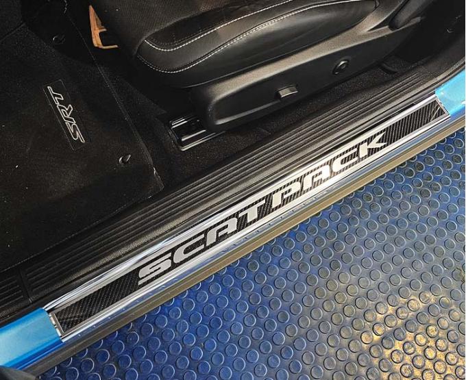 American Car Craft 2015-2024 Dodge Challenger Carbon Fiber Door Sills with "Scat Pack" Brushed Lettering with  Optional LED 2pc 151083