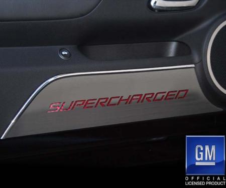 American Car Craft 2010-2015 Camaro - Door Panel Kick Plates 'SUPERCHARGED' 2Pc, Brushed Stainless, Choose Inlay Color 101028