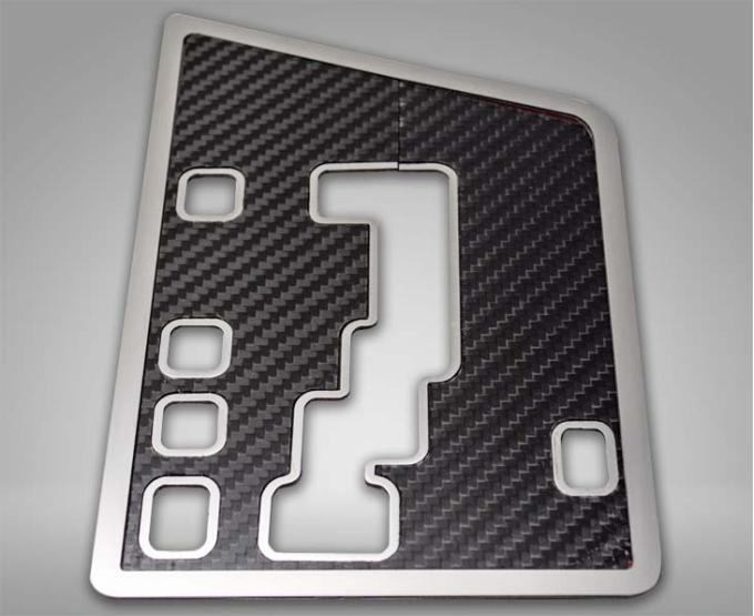 American Car Craft 2008-2014 Challenger 5.7/SRT8 - Carbon/Fiber Shifter Plate Overlay 2Pc, Polished Stainless Trim 151041