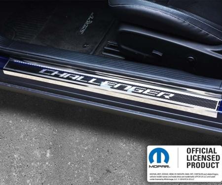 American Car Craft 2008-2023 Challenger - Carbon Fiber Door Sills with polished CHALLENGER Inlay, Carbon Fiber/Stainless, Optional LED (No Illumination) 151046