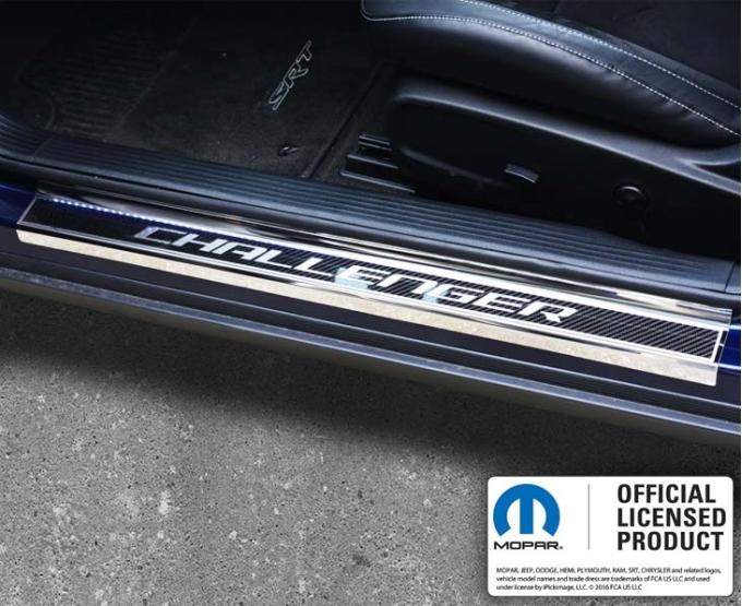 American Car Craft 2008-2023 Challenger - Carbon Fiber Door Sills with polished CHALLENGER Inlay, Carbon Fiber/Stainless, Optional LED (No Illumination) 151046