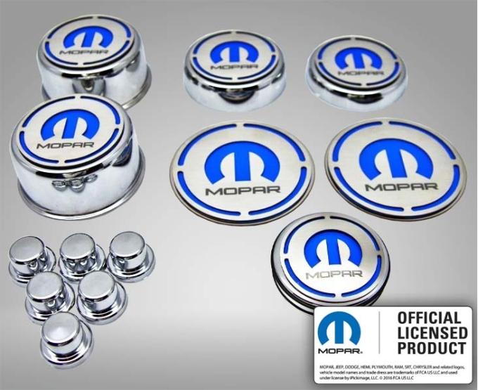 American Car Craft 2008-2023 Challenger - MOPAR Inlay Deluxe Fluid & Shock Tower Cap Covers 13Pc, Choose Inlay Color & Eng 153054