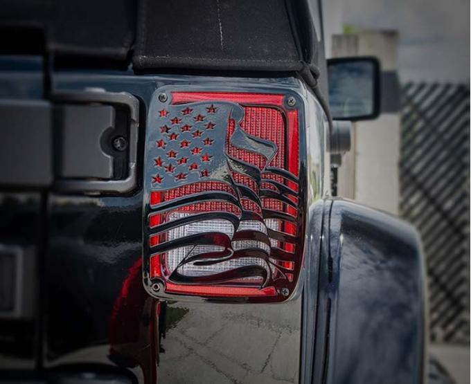 American Car Craft 2007-2018 Jeep Wrangler JK/JKU - US Flag Tail Light Covers, Stainless Steel (Brushed Satin) 142092