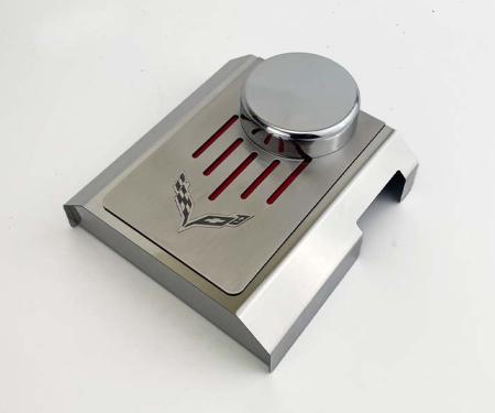 American Car Craft 2014-2019 C7 Corvette Master Cylinder Cover Manual Polished Stainless with Brushed Ribbed Top Plate Corvette Flag Style, Choose Color 053124