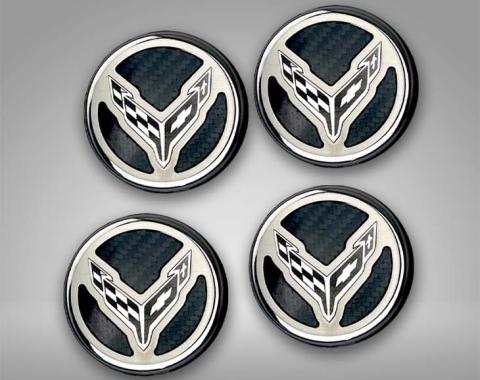 American Car Craft 2020-2024 C8 Corvette Coupe - Cap Cover Set 4pc Carbon Fiber Inserts with Stainless Crossed Flags Logo, Polished/Brushed Finish 883049