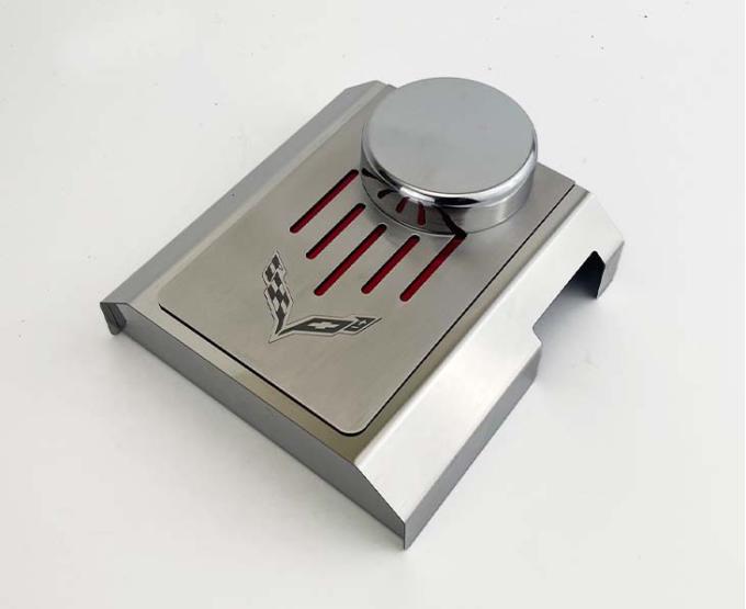 American Car Craft 2014-2019 C7 Corvette Master Cylinder Cover Manual Polished Stainless with Brushed Ribbed Top Plate Corvette Flag Style, Choose Color 053124
