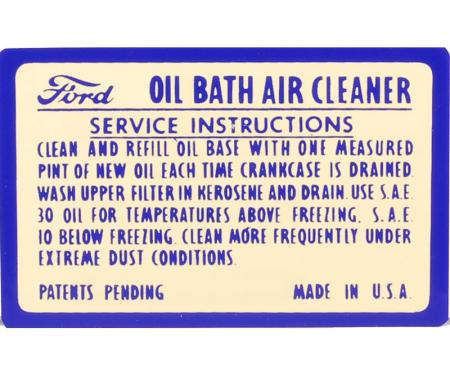 Dennis Carpenter Decal - Air Cleaner Oil Bath Service Instructions - 1948-53 Ford Truck, 1949-53 Ford Car   DF-143
