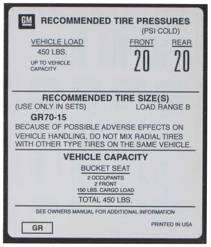 Corvette Decal, Tire Pressure on Door, 1973-1975