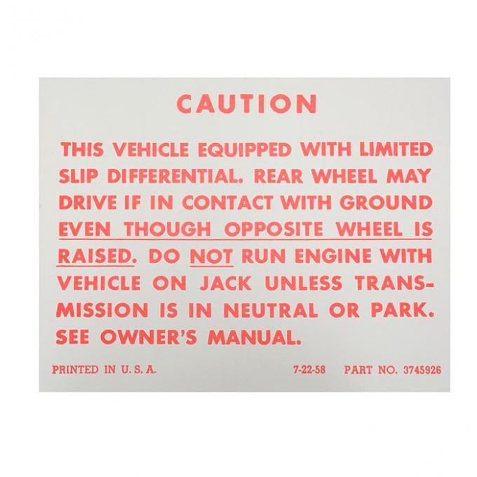 Full Size Chevy Positraction Warning Decal, 1964-1972
