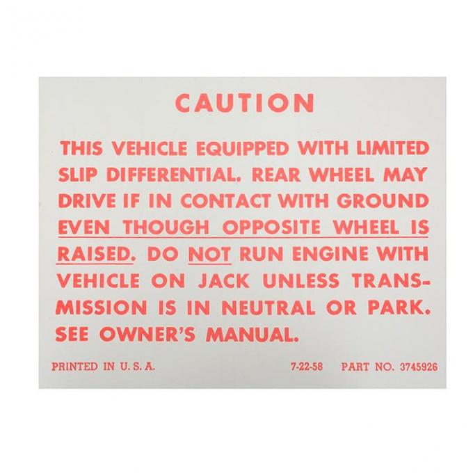 El Camino Interior Decal, Positraction Warning, 1959-1970