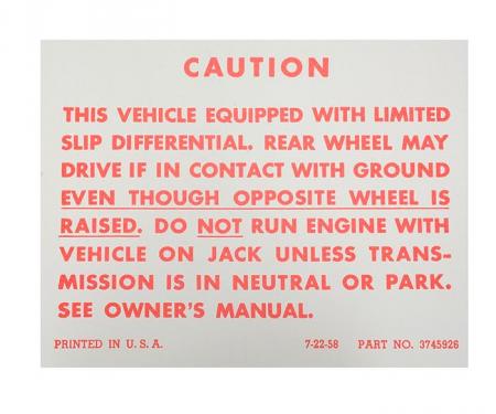 Camaro Posi-Traction Warning Trunk Decal, 1970