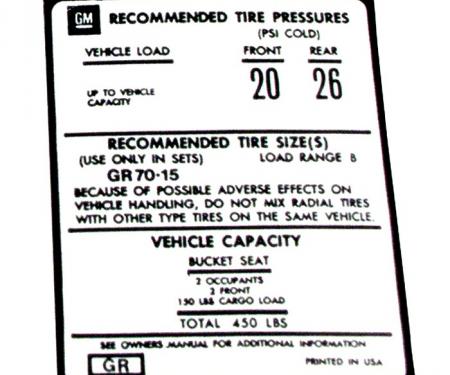 Corvette Decal, Tire Pressure 75L, 1975-1977