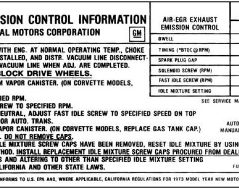 El Camino Emission Decal, 350 c.i. 4 Barrel, Automatic Or Manual Transmission, Code WJ, 1973