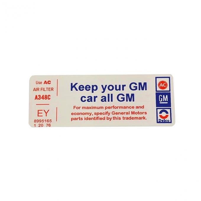 El Camino Air Cleaner Decal, Do Keep Your GM All GM, 1976