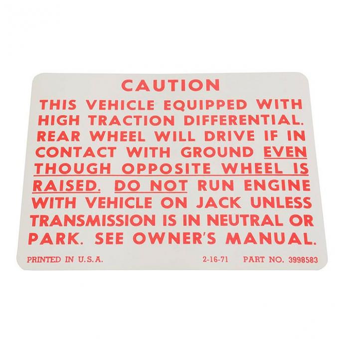 Chevelle Decal, Posetraction Warning, 1971-1972