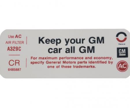 Corvette Air Cleaner Decal, "Keep Your GM Car All GM", 1972