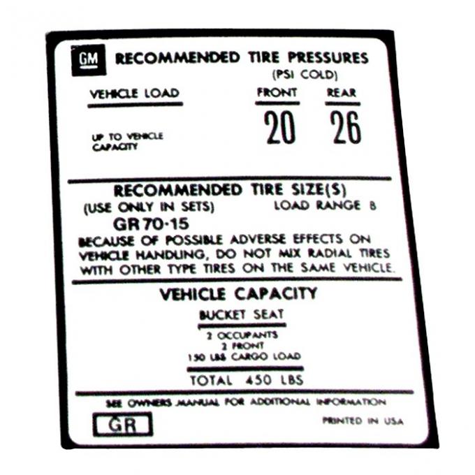 Corvette Decal, Tire Pressure 75L, 1975-1977