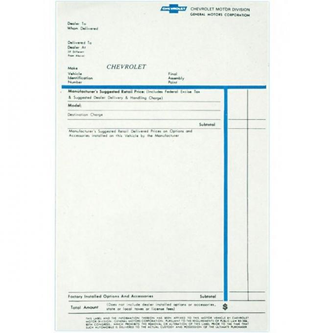 Camaro Factory Window Sticker, 1967
