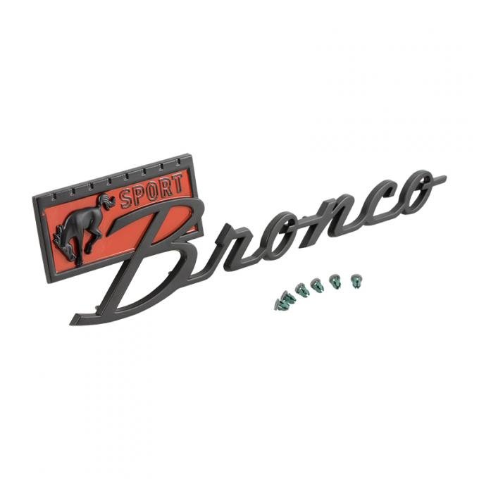 Dennis Carpenter BRONCO SPORT Fender Emblem - Satin Black w/Red - 1966-77 Ford Bronco C7TZ-16098-BLK