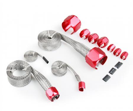 Camaro Hose Cover Kit, Stainless Steel, Braided, Universal, With Red Clamps, 1967-2002