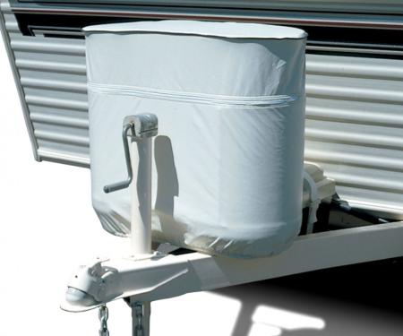 Adco Covers 2114, Propane Tank Cover, For Dual 40 Pound - 10 Gallon Tank While Mounted, Weatherproof, Polar White, Vinyl, With Access To Valve Through Zipper, With Hollow Bead Welt Cord And Elastic Shock Cord