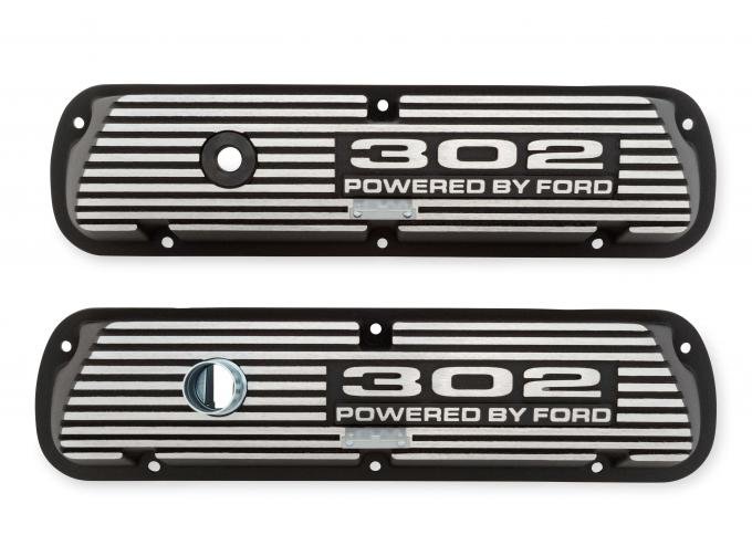 Scott Drake Aluminum Valve Cover with 302 Powered by Ford Logo Wrinkle Black Finish 6A582-302