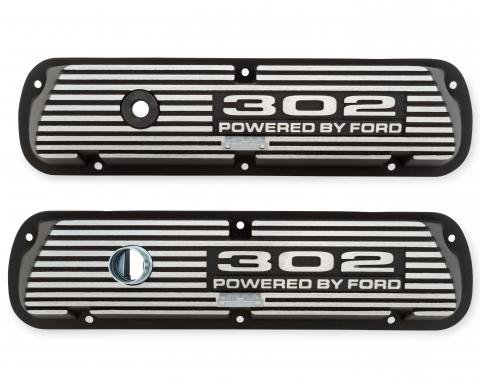 Scott Drake Aluminum Valve Cover with 302 Powered by Ford Logo Wrinkle Black Finish 6A582-302