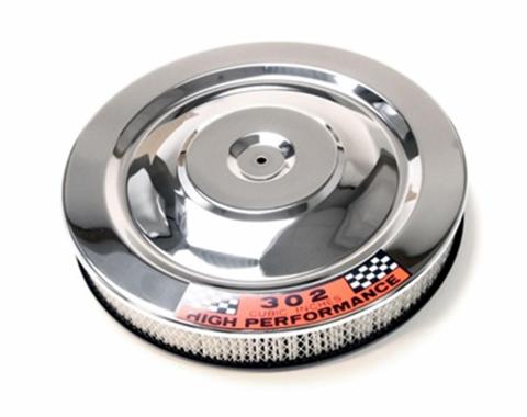 Scott Drake 1964-1973 Ford Mustang 14" Chrome Air Cleaner, with Blue Base and 302 Hi-Po Decal C8ZZ-9600-W