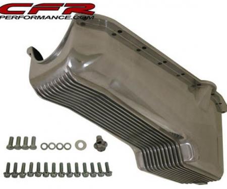 Chevy V8 Small Block Aluminum Stock Capacity Oil Pan, Driver Dipstick, Retro Finned