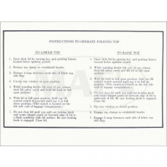Convertible Top LIft Instruction Sleeve, 1959-1960 Thunderbird