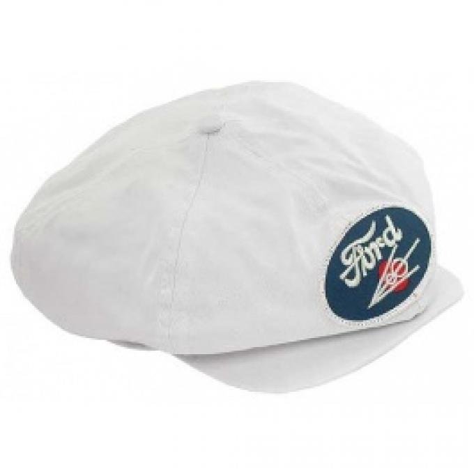 Driving Cap, Gatsby Style, White, With Ford V8 Emblem Patch