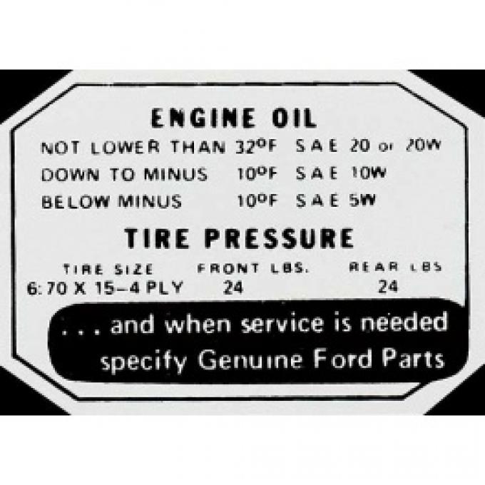 Ford Thunderbird Glove Box Decal, Tire Pressure, 1955-56