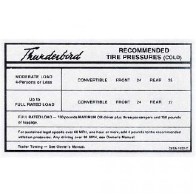 Ford Thunderbird Glove Box Decal, Tire Pressure, Convertible, 1966