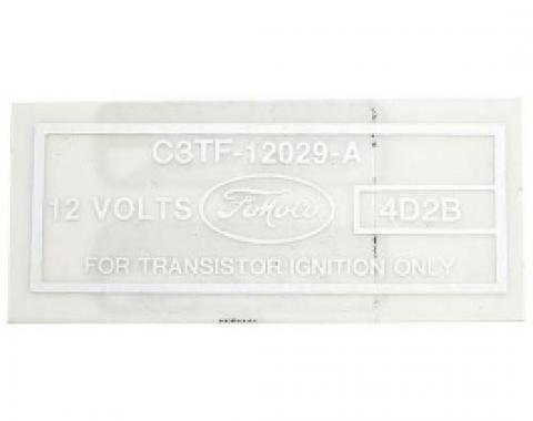 Ford Thunderbird Ignition Coil Decal, For Transistorized Ignition, C3TF-12029-A, Silver Lettering, 1964-66