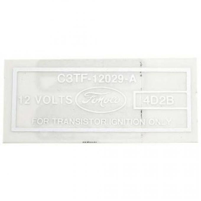 Ford Thunderbird Ignition Coil Decal, For Transistorized Ignition, C3TF-12029-A, Silver Lettering, 1964-66