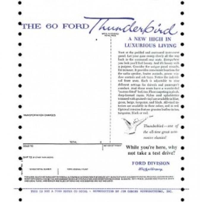Ford Thunderbird Window Price Sticker, New Car, 1960