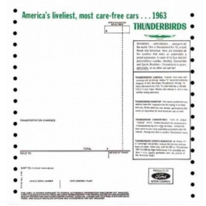 Ford Thunderbird Window Price Sticker, New Car, 1963