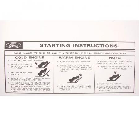 Dennis Carpenter Decal - Starting Instructions - 1962-73 Ford Car   DF-170