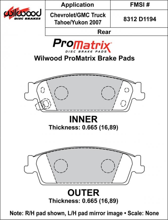 Wilwood Brakes Street Performance / Racing Pads - Plate: D1194 - Compound: PM - ProMatrix 150-D1194K