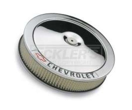 Chevy And GMC Truck Air Cleaner, 14, Chrome With Chevrolet Script And Bowtie Logo, 1955-1992