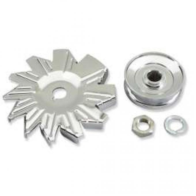 Chevelle Alternator Fan & Pulley Kit, Single Groove, Chrome, 1964-1972