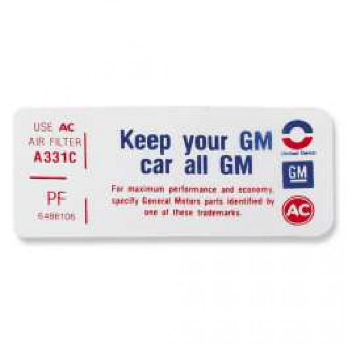 Chevelle Air Cleaner Decal, Keep Your GM All GM, PF, 1970