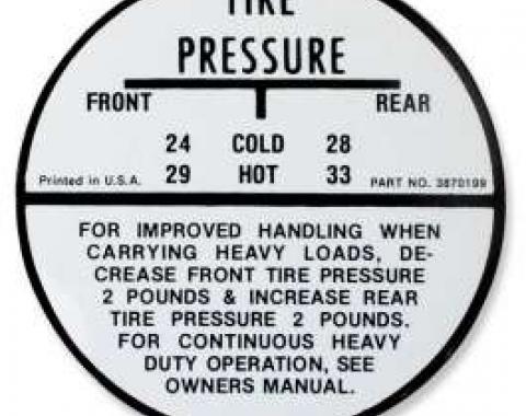 Chevelle Tire Pressure Decal, El Camino, 1964-1965