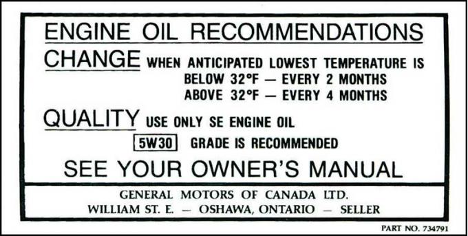 Corvette Canadian Oil Change Decal, 1968-1969