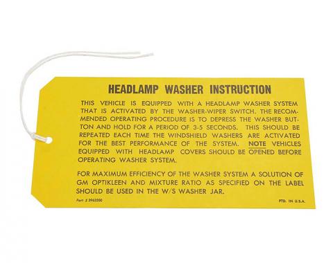Corvette Instruction Tag, Headlamp Washer, 1969-1970